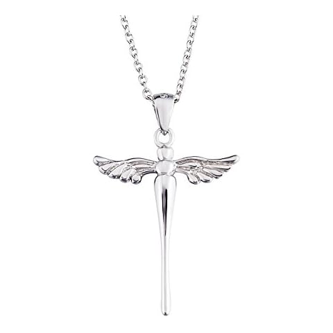 Ladytree 925 Sterling Silver Cross with Angel Wing Charm Pendant Rolo Chain Necklace, 18" Cover
