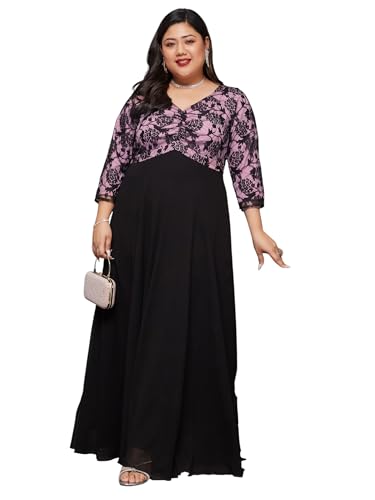 Image of Miss Chase A+ Women's Floral Printed Relaxed Fit V -Neck 3 /4Th Sleeve Georgette Maxi Dress