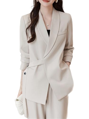 Women's 2 Pieces Suit Set Work Office Lapel Long Sleeve Belted Jacket Suit Blazer Pants Sets