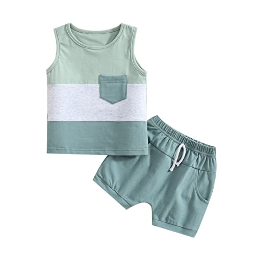 One opening 2Pcs Baby Boy Summer Clothes Patchwork Tank Top Sleeveless T Shirts Shorts Set Outfit Toddler Outfit (Blue, 6-12 Months)