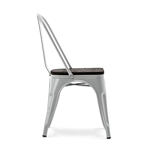 Belleze Metal Dining Chairs Set Of 4, Stackable Metal Chairs Vintage Farmhouse Chairs With Detachable Backrest And Wood Seat, Weather Resistant Tolix Chair For Indoor Outdoor - Alexander (Silver) #TOP5
