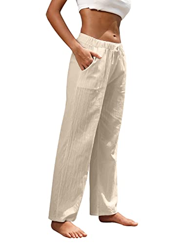Women Linen Pants High Waisted Wide Leg Lounge Straight Summer Casual Loose Trousers with Pockets White2