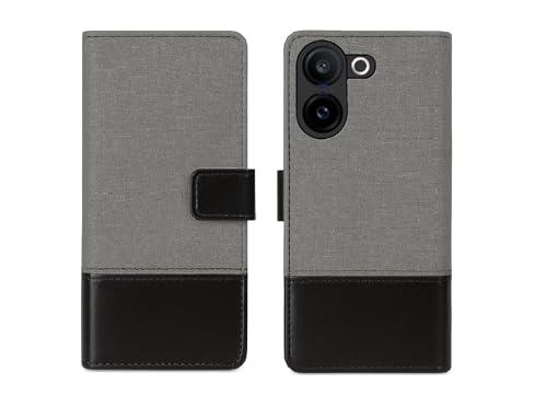 Image of Coverage Dual Colour Joint Canvas Denim Cloth & Vegan Leather Wallet Case Magnetic Flip Cover Compatible for Vivo V2513 / Vivo V60e 5G - Black & Grey
