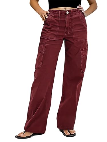 Flamingals Straight Leg Pants for Women Mid Rise Casual Vintage Patch Pockets Solid Pants
