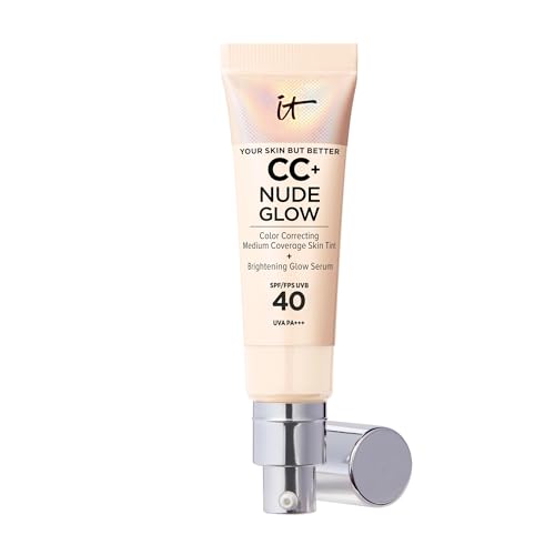 IT Cosmetics, Crème CC+ Nude Glow Your Skin But Better, Couvrance Moyenne, SPF40, Enrichi en Peptides, Collagène & Vitamines, Fini Naturel & Lumineux, 32 ml, Teinte : Fair Ivory