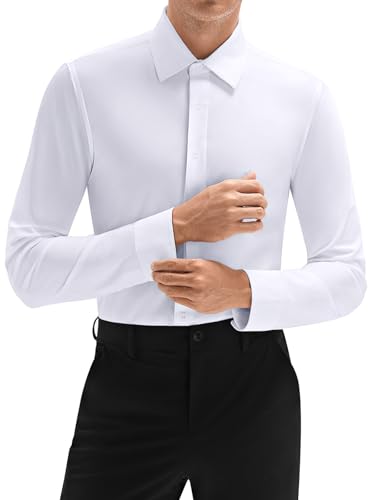Fliwos Men's Dress Shirts, TriProof Stretch Stain Shield Shirts Long Sleeve Button Down Wrinkle Free Solid Breatheable Casual Business Shirt White