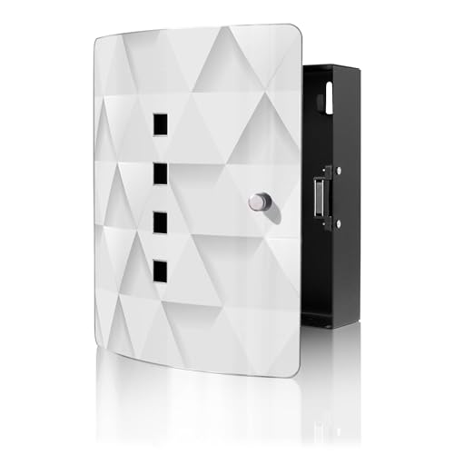 banjado Design Schlüsselkasten aus Edelstahl für 10 Schlüssel - Schlüsselschrank zur Schlüssel Aufbewahrung 24 x 21,5 x 7cm groß mit praktischem Magnetverschluss - Motiv Weisse Dreiecke