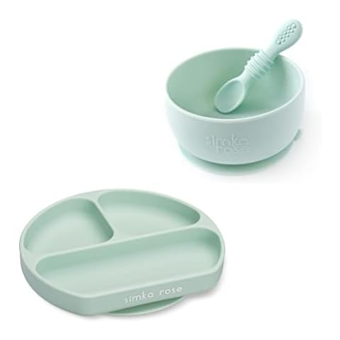 Simka Rose Silicone Baby Feeding Set for Baby and Toddler, Baby Silicone Bowl and Plate with Suction, Baby Led Weaning Spoon, BPA Free - Dishwasher and Microwave Safe (Sage) Cover
