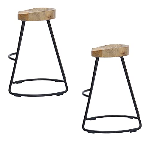 Butaco Industrial Ela de 30 pulgadas de Madera de Mango y Hierro Negro, Asiento Silla de Cuero Natural Marrón, Juego de 2, para Cocina, Comedor y Decoración del Hogar miniatura 5