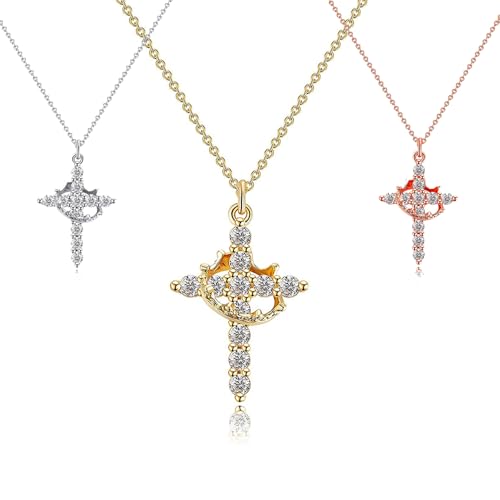 3 Pack Crown Cross Premium Necklace for Women - Dainty Cubic Zirconia Pendant, Waterproof Non Tarnish Faith Jewelry in Gold, Silver, and Rose gold