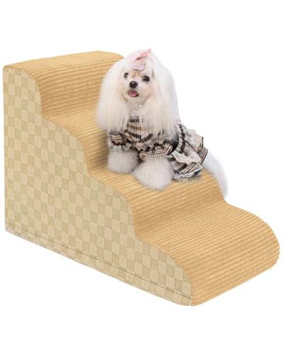 Image of Dog Stairs Curved Ramp for Small Dogs 19.5 inch H, 4-Step Pet Stairs for Couch Bed with High Density Foam, Dog Slope Stairs with Durable Non-Slip Bottom Khaki
