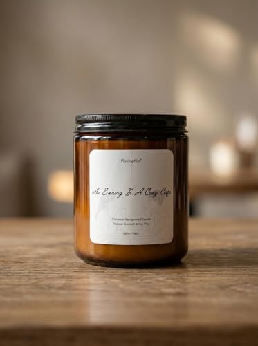 Image of Pluviophile Cozy Cafe Scented Candle | Coconut & Soy Wax | Hand-Poured | Amber Glass Jar with Lid | 240g /8oz, Vegan Coffee Candle for Home, Bedroom, Work Desk & Gifting