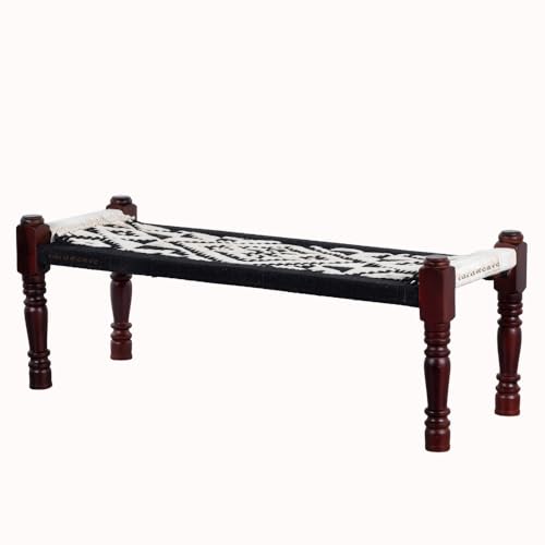 Image of Wooden Bench for Seating | Handcrafted Sheesham Wood Bench for Living Room, Balcony & Garden | Traditional Patio for Outdoor with Cotton Handwoven Rope | Black and White