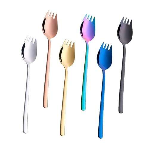 HONMEET Elegant Stainless Steel Sporks Fork Spoons 6pc Set Black Serving Utensils Dual Use Fork Spoon Kitchen Supplies