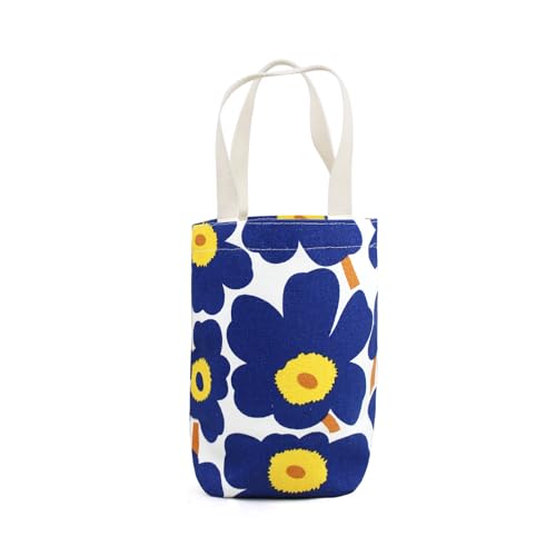 FuninCrea Bolsa de la compra reutilizable de lona, ligera y pequeña, con asas engrosadas y estampado floral para vasos térmicos, tazas de café, fiambreras, azul
