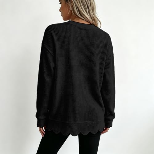 Waffle Knit Sweatshirt Women Scalloped Hem Crewneck Lightweight Sweat Shirt - image 3