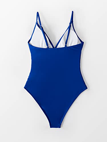 Cupshe Women's One Piece Swimsuit Shirring Design V Neck Low Back Bathing Suit, Deep Blue, L #TOP5