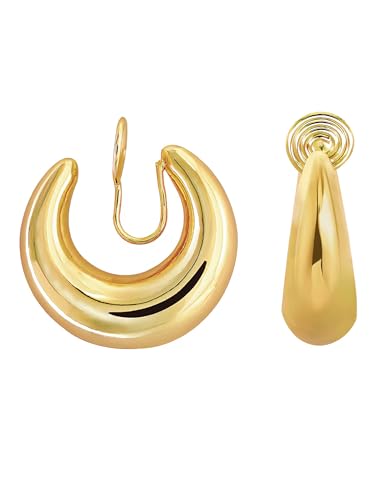 Fan&Louis Clip On Earrings Women Chunky Thick Gold Huggie Hoops Small Lightweight Oval Golden Clip-On Earrings Non Pierced Piercing 14K Real Gold Plated Earrings For Women cover