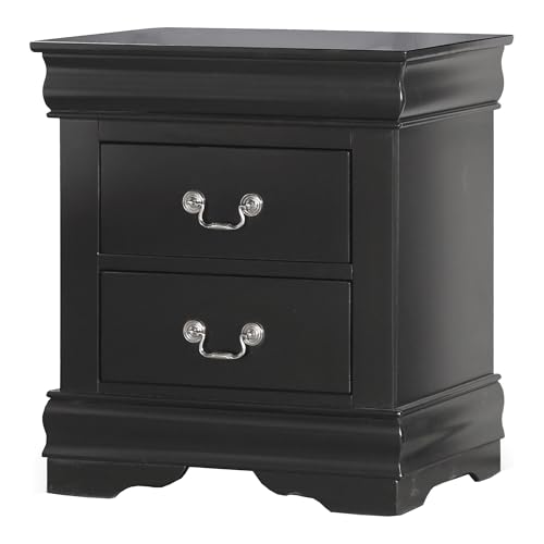 Furniture of America Louis Philippe Traditional Solid Wood Nightstand with Drawers and Antique Nickle Handles, Small Bedside Table, No Assembly Wooden Night Stand for Bedroom, Guest Room, Dorm, Black