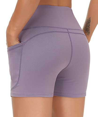 Image of THE GYM PEOPLE High Waist Yoga Shorts for Women's Tummy Control Fitness Athletic Workout Running Shorts with Deep Pockets