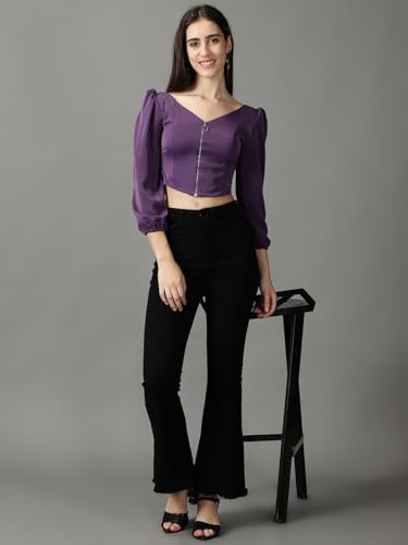 Image of SHOWOFFFF Women Solid Casual Top | V Neck Full Sleeves Crepe Top's for Womens | Regular Fit Regular Length Tops for Women's