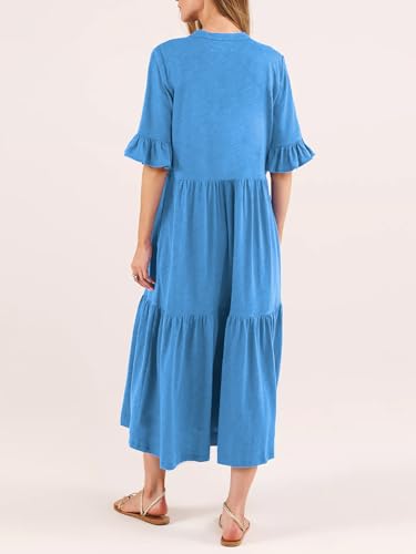 Image of Mieazom Short Sleeves Maxi Dress for Women A Line Summer Dress V Neck Casual Loose Tiered Long Dresses with Pockets