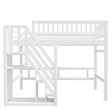 Etagenbett 140x200, Kinderbett Hochbett mit Treppe und Aufbewahrungsschrank, Funktionsbett Doppelbett Stockbett Spielbett Kinderhochbett Jugendhochbett mit Lattenrost, Massivholz, Ohne Matratze, Weiß