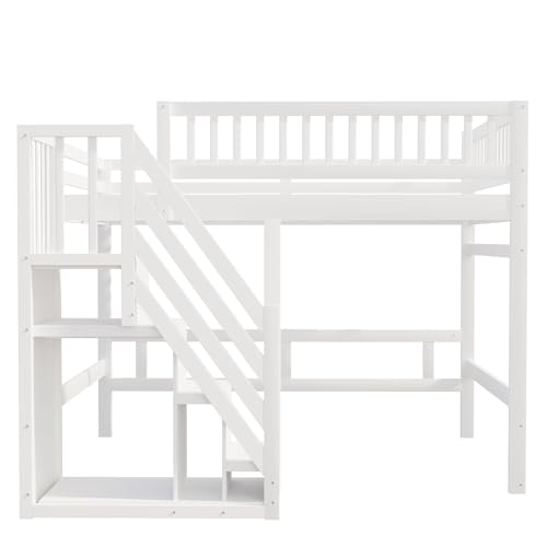 Etagenbett 140x200, Kinderbett Hochbett mit Treppe und Aufbewahrungsschrank, Funktionsbett Doppelbett Stockbett Spielbett Kinderhochbett Jugendhochbett mit Lattenrost, Massivholz, Ohne Matratze, Weiß