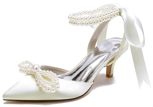 Minishion Bride Wedding Shoes Low Heel Beaded Evening Sandals Slingback Prom Pumps with Ribbon MS316