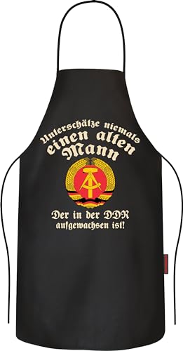RAHMENLOS Geschenk für Männer und Ossis aus der DDR: Unterschätze niemals einen alten Mann - Grillschürze Kochschürze Küchenschürze Baumwolle schwarz