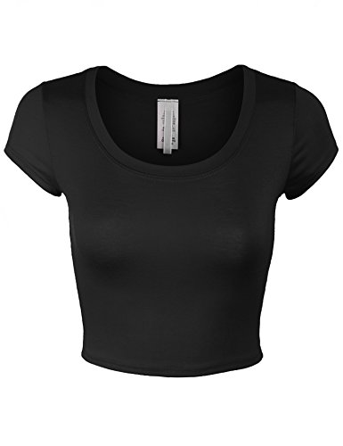 KOGMO Womens Short Sleeve Crop Top Solid Round Neck T Shirt