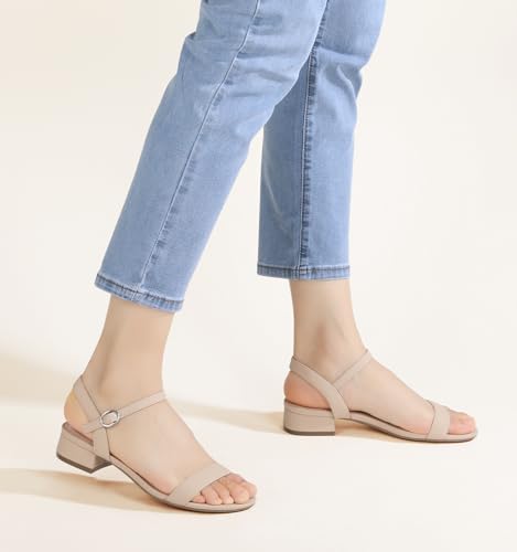Image of Ankis Women Nude Black White Open Toe 1 Inch Block Low Heel Sandals Daily | 1-inch block heel, adjustable ankle strap, foam padded, non-slip rubber sole, all-day comfort for daily, graduation, wedding