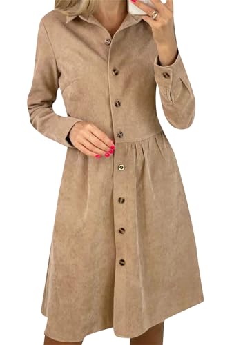 Yming Damen Einfarbig Hemdkleid Langarm Knopf Warmes Kleid Knielang Cordkleid Khaki S