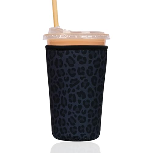 Image of Reusable Insulated Sleeve for Iced Coffee Cup, Coffee Neoprene Sleeve for Cold & Hot Drinks, Beverage Holder for Iced Coffee (Charcoal Leopard, Medium: 22-24oz)