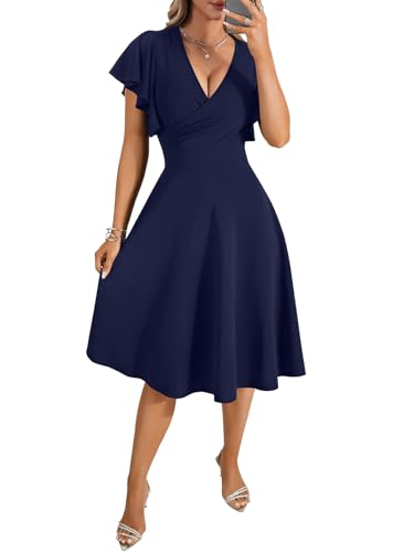Image of LYANER Women's Warp V Neck Ruffle Short Sleeve A Line Swing Flared Cocktail Party Midi Dress