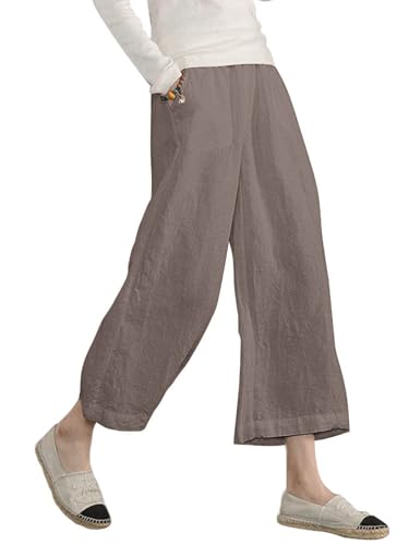 Image of ECUPPER Womens Cotton Cropped Pants Loose Fit Wide Leg Trousers | Casual, Plus Size, Elastic Waist, Capri, 100% Cotton, Slant Pockets, High Rise Waist, Lounge Pants