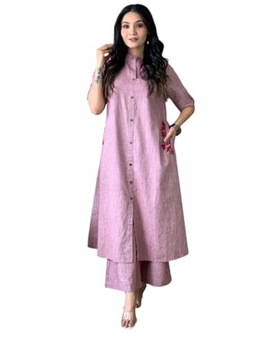 Image of Women's Cotton Embroiderd Long A-Line Kurti with Palazzo