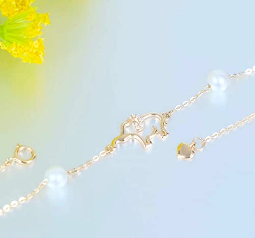 Image of SISGEM 10k Gold Diamond Elephant Bracelet for Women, Real Gold Pearl Lucky Jewelry Bracelets Present for Her, 6.4 inch+1 inch+1 inch