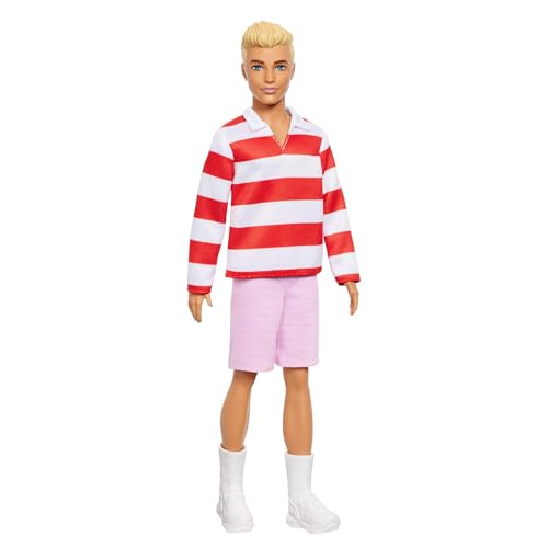 Barbie Fashionistas Ken-Puppe Nr. 241 mit blonden Haaren und einem rot-weiß gestreiftem Polohemd mit rosafarbener kurzer Hose, weißen Crew-Socken und Sneakern, HYV01 Barbie Fashionistas Ken-Puppe Nr. 241 mit blonden Haaren und einem rot-weiß gestreiftem Polohemd mit rosafarbener kurzer Hose, weißen Crew-Socken und Sneakern, HYV01