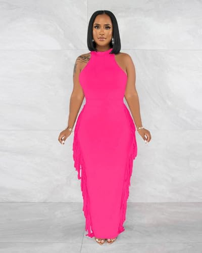 Image of 2 Piece Outfits for Women Sexy Halter Neck Sleeveless Crop Tops Ruched Bodycon Dresses Jumpsuits Fringe Skirt Sets