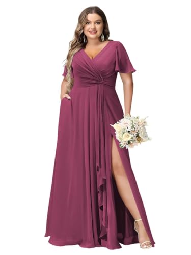 YOFF Flutter Sleeves Long Bridesmaid Dress with Pockets Ruched Chiffon Long A-Line Formal Party Dresses with Slit YO063