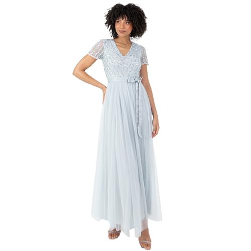 Maya Deluxe Damen Maxi Dress for Women Ladies Bridesmaid V-Neck Ball Gown Short Sleeves Long Elegant Empire Waist Wedding Brautjungfernkleid, Eisblau,...