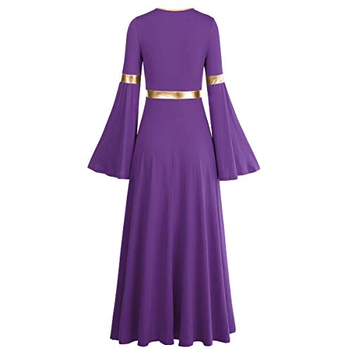 Women Metallic V Neck Praise Dance Dress Liturgical Worship Costume Bi Color Bell Long Sleeve Church Robe Praisewear Activewear Dresses Purple + Gold 3XL