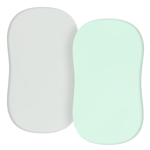 TILLYOU Jersey Knit Bassinet Sheets Set, 33'x16'x4' Flexible for Different Bassinet Mattress, Super Soft Hygroscopic Breathable, 2 Pack Lt Green & Lt Gray