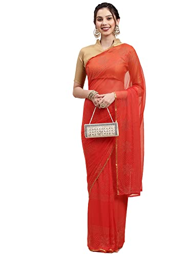 Image of AKHILAM Women's Chiffon Embellished Saree With Unstitched Blouse Piece (Orange DOLY3302)