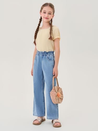 Haloumoning Girls Cute Wide Leg Flared Jeans Kids Oversized Elastic Waist Paper Bag Pants with Pockets 5-14 Years4