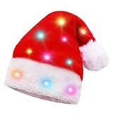Falecha Light up Santa Hat LED Christmas Hat, Blinking Color-Changing LED Lights Thickened Luxury Short Plush Christmas Gift Cap for Men and Women