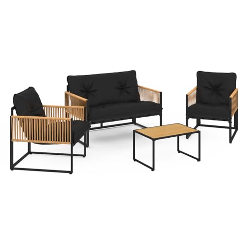 IDMarket - Salon de Jardin Bas Rio 4 Places Structure métal Noir, Cordage Effet rotin Clair et Coussins Noirs