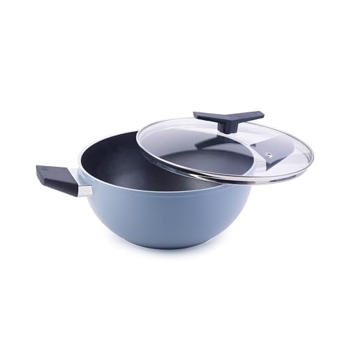 Image of TRAMONTINA Aura Extra Deep 22cm Kadai with Lid, 2.9L | Reinforced Ceramic Non-Stick Cookware | Quick & Even Heating & Low-Oil Cooking | Bakelite Handle | All Cooktop Compatible | Blueberry