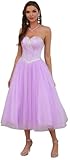 Likedpage Tea Length Tulle Prom Dress, Strapless Sweetheart Beaded Ball Gown ZC1 Lavender US8